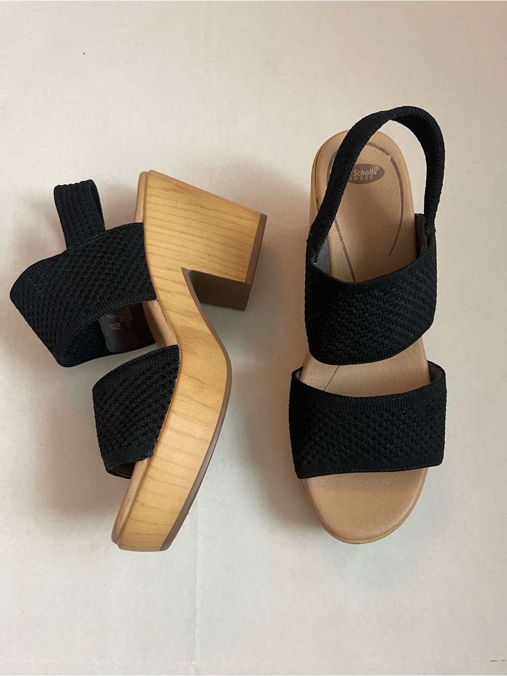 Dr. Scholl's Black Knit Slingback Sandals with Light Wood-Look Block Heel